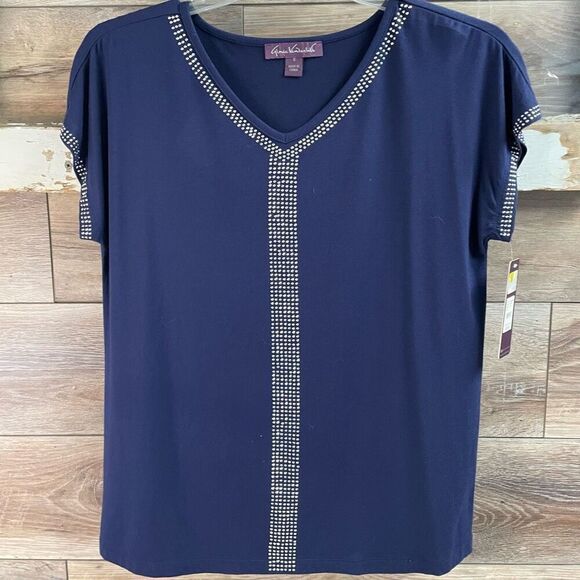 Gloria Vanderbilt NWT Women’s Ink Blue Vneck Rhinestone Dressy Blouse Sz Small - Picture 2 of 8